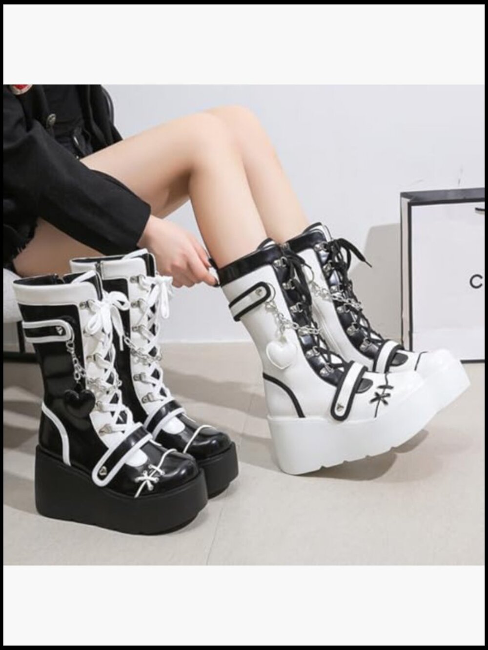 Chunky High Heel Lace Up Punk Motorcycle Combat Boots with Chain - Picture 7 of 7